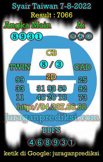 Prediksi Taiwan 7 Agustus 2022 dan juga Syair taiwan hari ini Minggu 7 8 2022 adalah angka keluar togel taiwan malam hari ini.