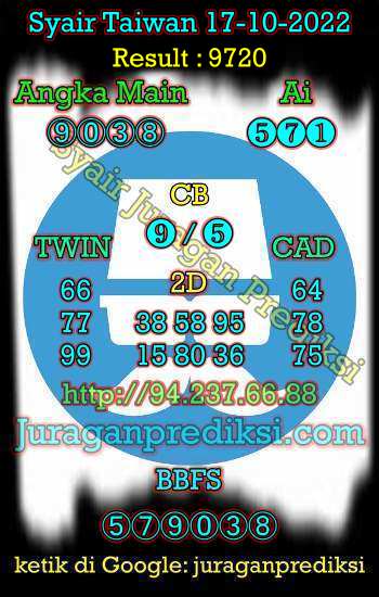 Prediksi Syair Taiwan 17 Oktober 2022. Berikut ini adalah prediksi Taiwan, Angka keluar taiwan, Toto Jitu Taiwan dan Syair jitu Taiwan malam ini Senin 17 Oktober 2022